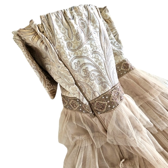 Inspire Me Strapless Taupe/Gold Tapestry Bow/Tiered Mesh Ruffle Party Dr… - Picture 14 of 17